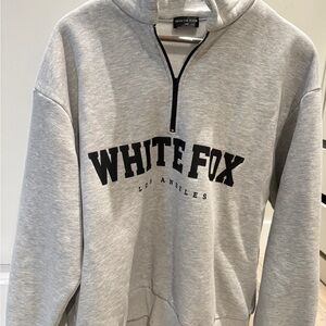 White Fox Boutique Gray Half-Zip V-Neck Sweatshirt with Black Logo